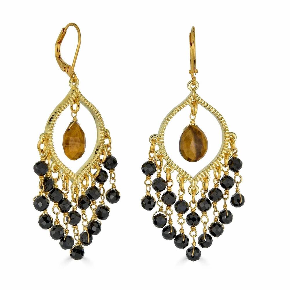 NEW RACHEL REINHARDT women's tigers eye and black spinel chandelier earrings in